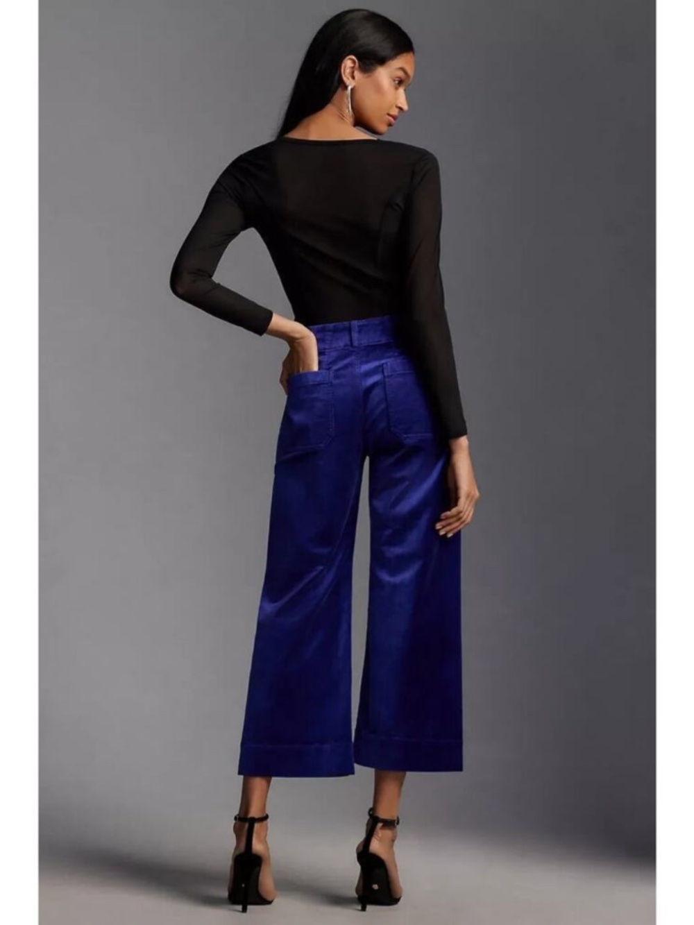 Maeve The Colette Cropped Wide-Leg Blue Velvet Pants Size 29 - Picture 2 of 7